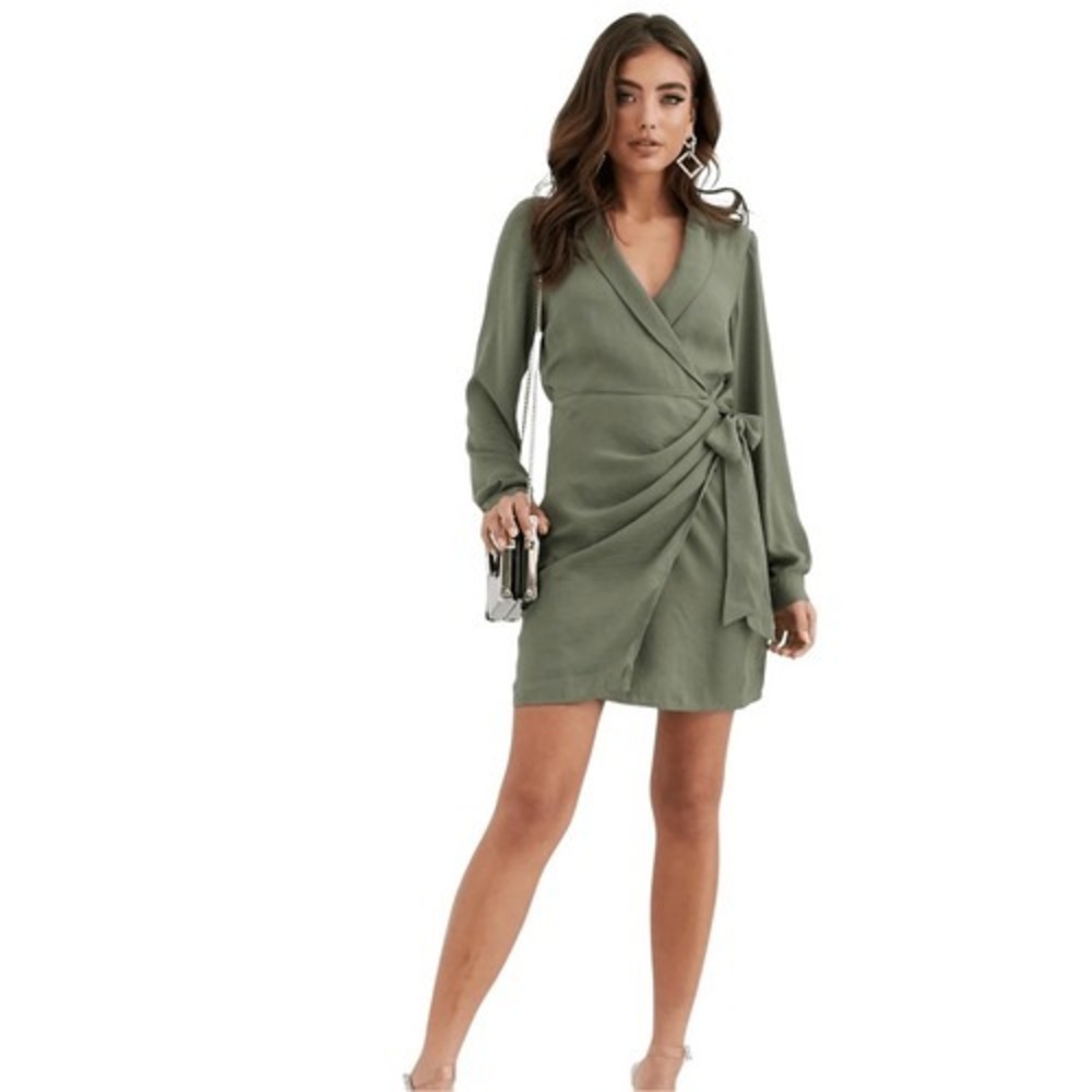 ASOS DESIGN Women's 8 Collared Wrap Mini Dress Khaki Green NEW